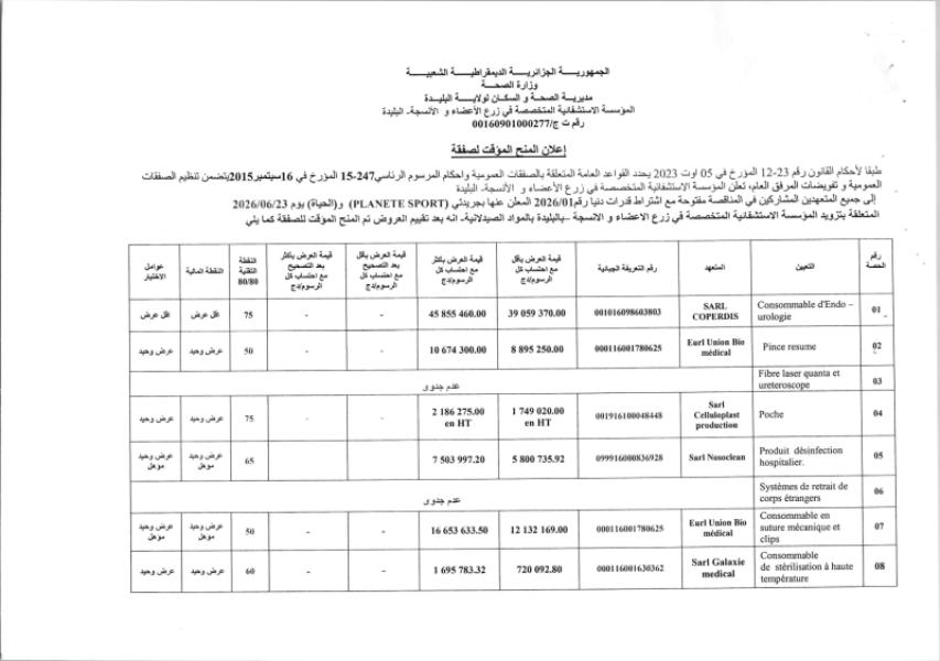 إعلان المنح المؤقت لصفقة