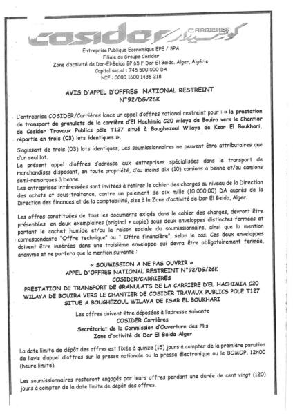 AVIS D'APPEL D'OFFRES NATIONAL RESTREINT N° 92/DG/26K