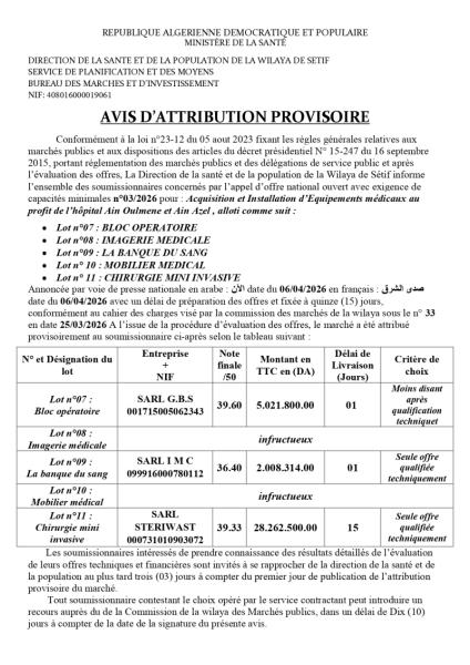 AVIS D'ATTRIBUTION PROVISOIRE