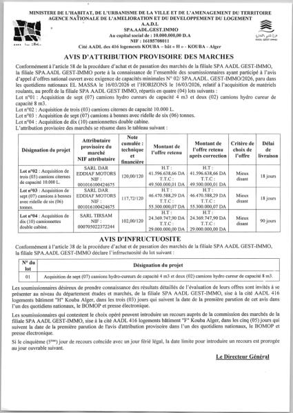 AVIS D'ATTRIBUTION PROVISOIRE DES MARCHES