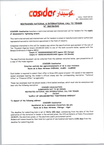 RESTRAINED NATIONAL & INTERNATIONAL CALL TO TENDER N° 062/26/DHC