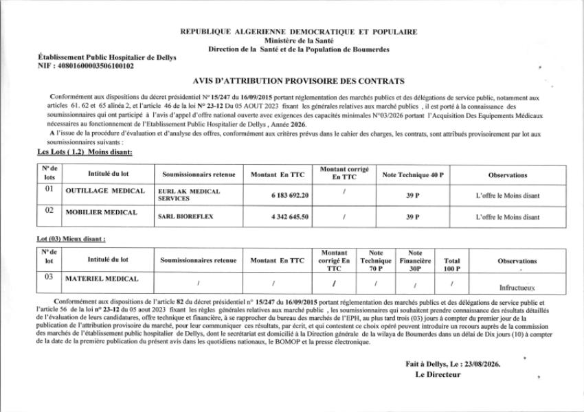 AVIS D'ATTRIBUTION PROVISOIRE DES CONTRATS