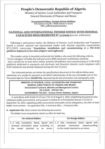 NATIONAL AND INTERNATIONAL TENDER NOTICE WITH MINIMAL CAPACITIES REQUIREMENTS N° 11/2025 (second publication)
