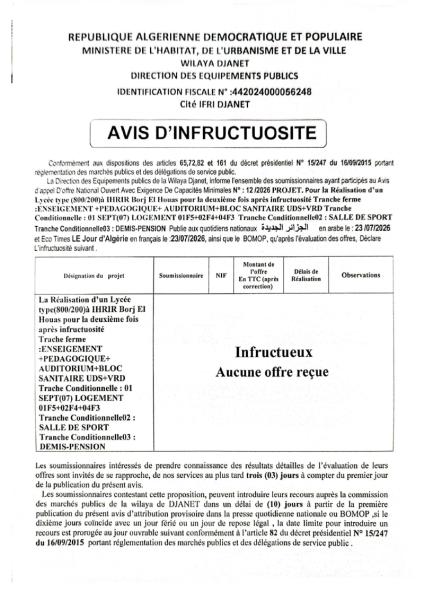 AVIS D'INFRUCTUOSITE