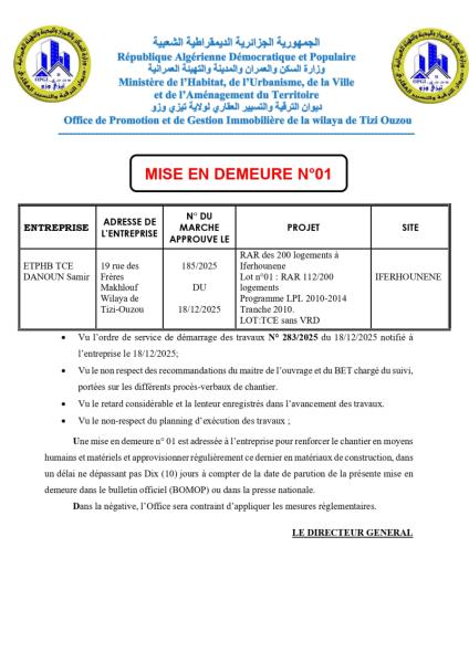 MISE EN DEMEURE N°01.