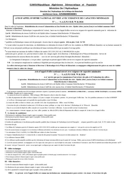 AVIS D'APPEL D'OFFRE NATIONAL OUVERT AVEC EXIGENCE DE CAPACITES MINIMALES N° :... / S.A.E.P.I/ D.H. W.K/2026