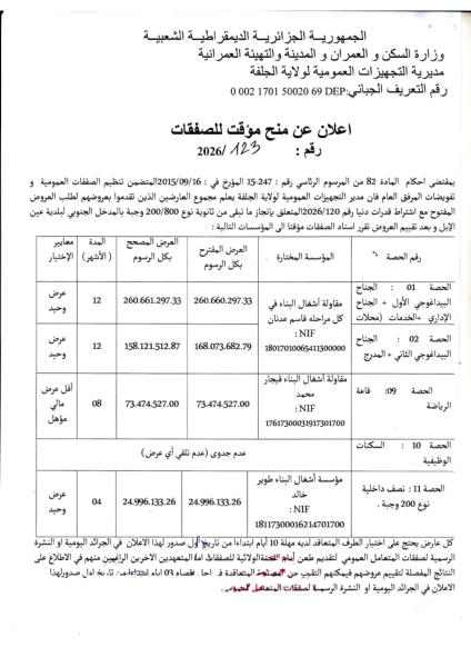 اعلان عن منح مؤقت للصفقات رقم : 2026/ 123