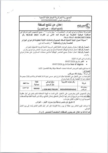إعلان عن نتائج الصفقة (المنح المؤقت - عدم الجدوى)