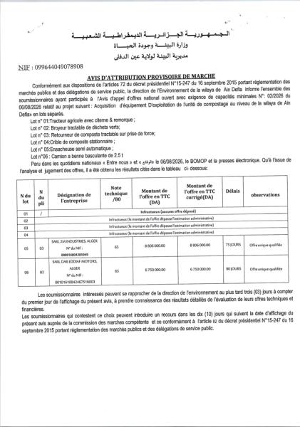 AVIS D'ATTRIBUTION PROVISOIRE DE MARCHE