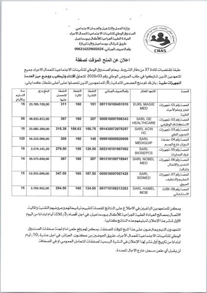 اعلان عن المنح المؤقت لصفقة