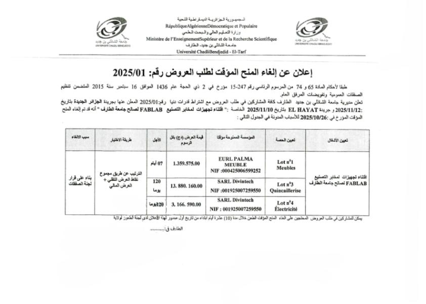 إعلان عن إلغاء المنح المؤقت لطلب العروض رقم : 01/2025