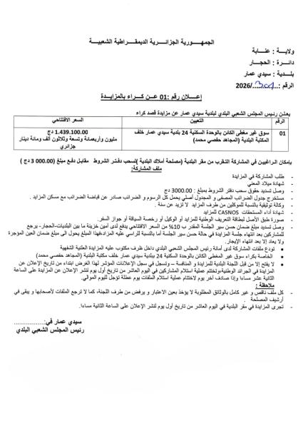 إعلان رقم: 01 عن كراء بالمزايدة