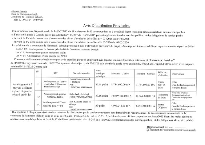 AVIS D'ATTRIBUTION PROVISOIRE