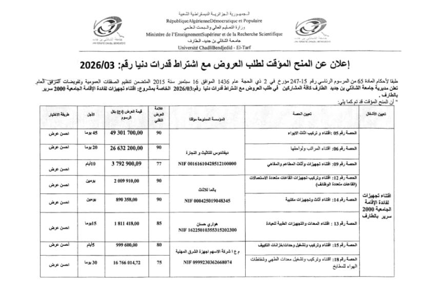 إعلان عن منح مؤقت لطلب العروض مع اشتراط قدرات دنيا رقم: 03/2026
