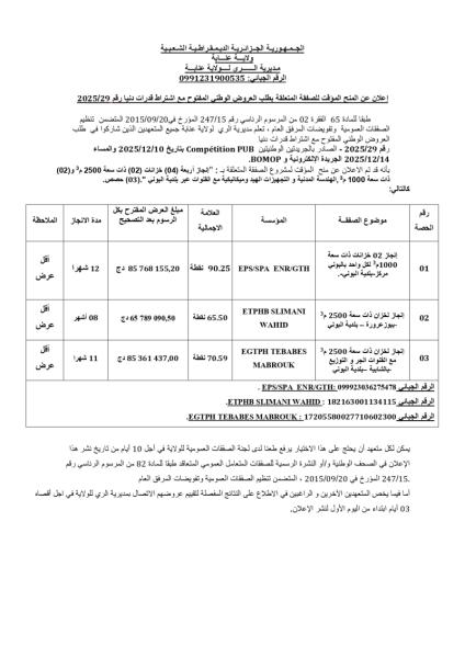 إعلان عن المنح المؤقت للصفقة المتعلقة بطلب الوطني المفتوج مع اشتراط قدرات دنيا رقم: 29/2025