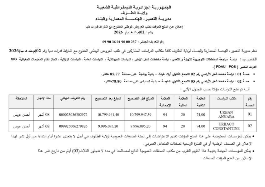 إعلان عن المنح المؤقت لطلب العروض المفتوح مع إشتراط قدرات دنيا رقم: رقم: 02/م ت ه ب/ 2026