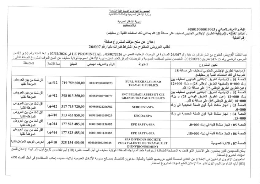 إعلان عن منح مؤقت لمشروع صفقة لطلب العروض المفتوح مع إشتراط قدرات دنيا رقم 007/2026