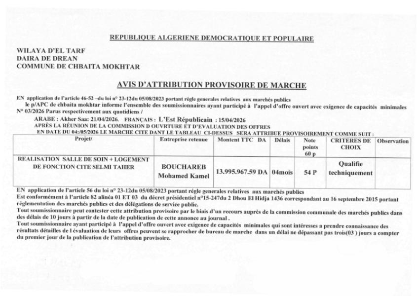 AVIS D'ATTRIBUTION PROVISOIRE DU MACRHE