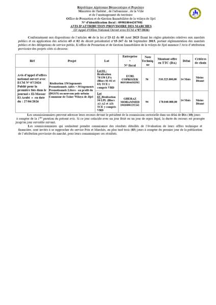 AVIS D'ATTRIBUTION PROVISOIRE DES MARCHES