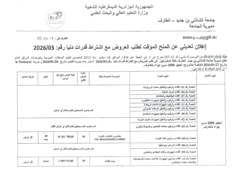 إعلان تعديلي عن المنح المؤقت لطلب العروض مع اشتراط قدرات دنيا رقم: 2026/03