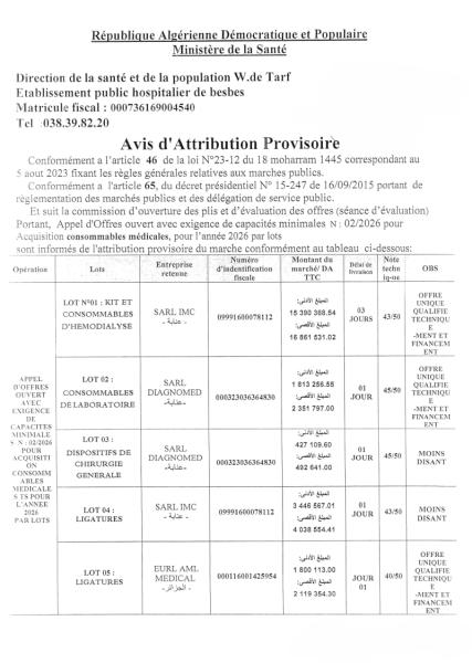 Avis d'Attribution Provisoire
