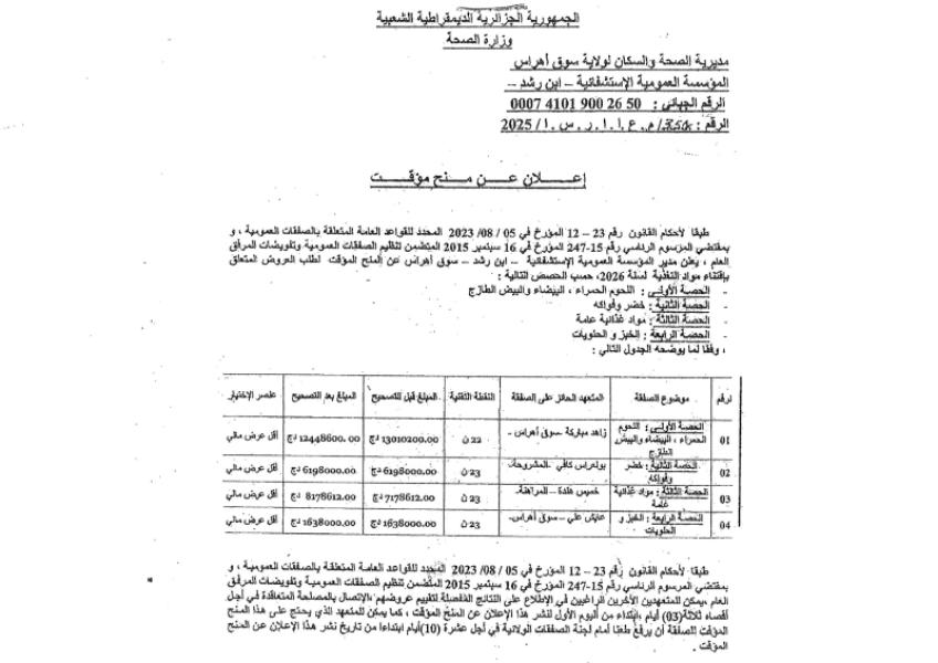 إعلان عن منح مؤقت