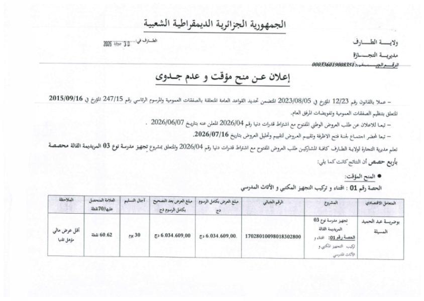 إعلان عن منح مؤقت و عدم جدوى