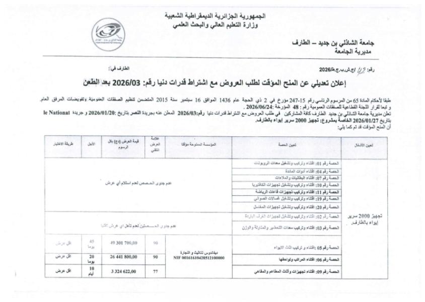 إعلان تعديلي عن المنح المؤقت لطلب العروض مع اشتراط قدرات دنيا رقم: 2026/03 بعد الطعن