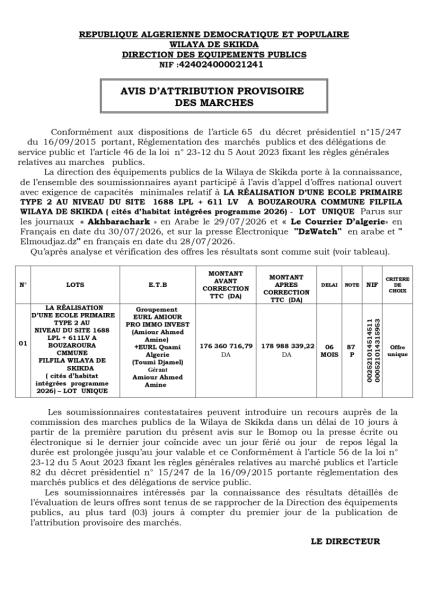 AVIS D'ATTRIBUTION PROVISOIRE DES MARCHES
