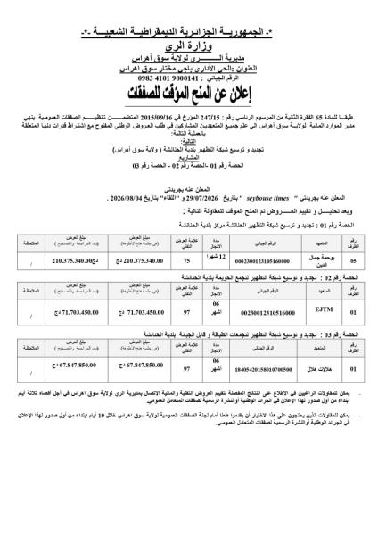 إعلان عن المنح المؤقت للصفقات
