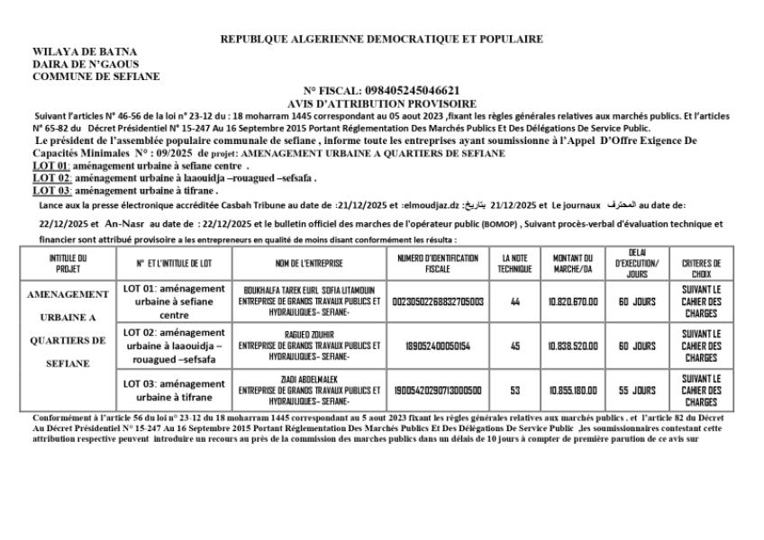 AVIS D'ATTRIBUTION PROVISOIRE