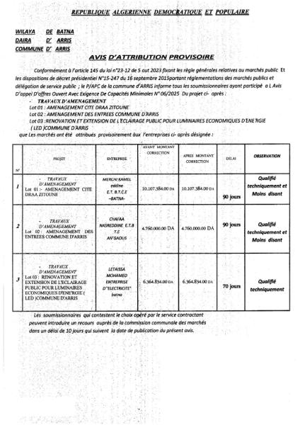AVIS D'ATTRIBUTION PROVISOIRE