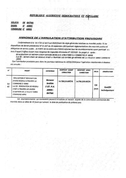 ANNONCE DE L'ANNULATION D'ATTRIBUTION PROVISOIRE
