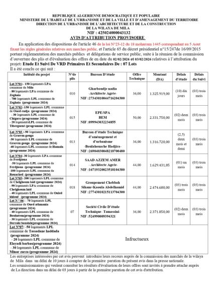 AVIS D'ATTRIBUTION PROVISOIRE