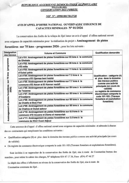 AVIS D'APPEL D'OFFRES NATIONAL OUVERT AVEC EXIGENCE DE CAPACITE MINIMALES N°01/2026