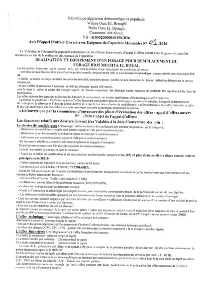 AVIS D'APPEL D'OFFRES OUVERT AVEC EXIGENCE DE CAPACITE MINIMALES N°01/2026
