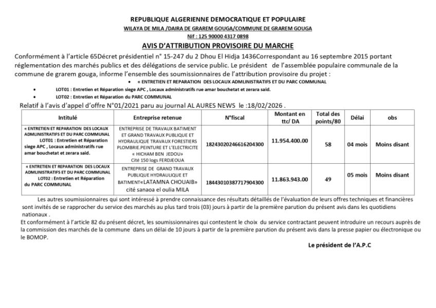 AVIS D'ATTRIBUTION PROVISOIRE DU MARCHE
