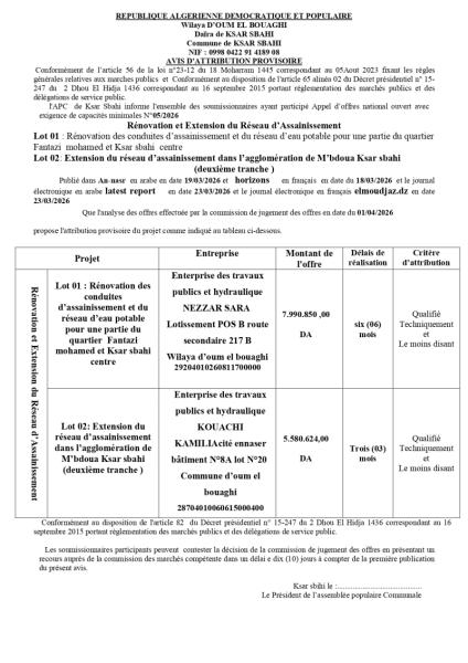 AVIS D'ATTRIBUTION PROVISOIRE