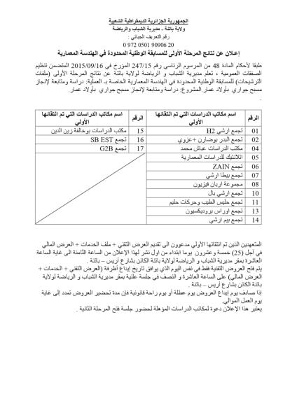 إعلان عن نتائج المرحلة الأولى للمسابقة الوطنية المحدودة في الهندسة المعمارية طبقا لأحكام المادة 48 من المرسوم الرئاسي رقم 247/15 المؤرخ في 2015/09/16