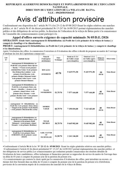 Avis d'attribution provisoire