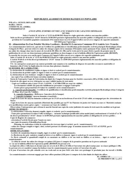 AVIS D'APPEL D'OFFRES OUVERT AVEC EXIGENCE DE CAPACITES MINIMALES N07/2026