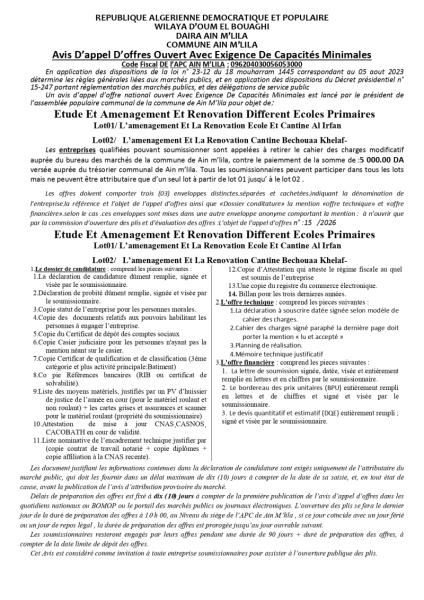 Avis D'appel D'offres Ouvert Avec Exigence De Capacités Minimales