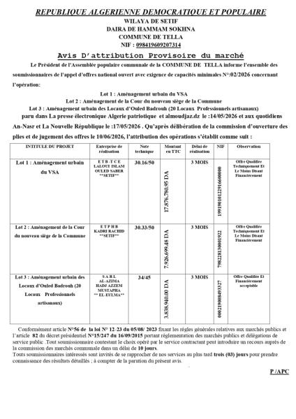 Avis D'attribution Provisoire du marché