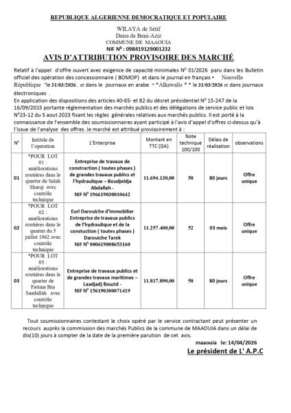AVIS D'ATTRIBUTION PROVISOIRE DES MARCHÉ