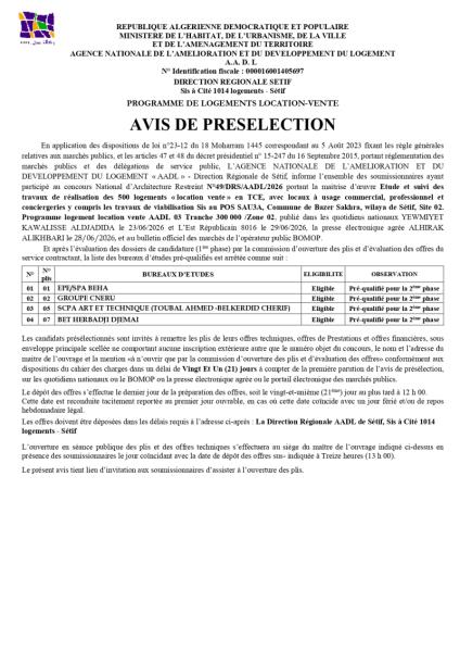 AVIS DE PRESELECTION