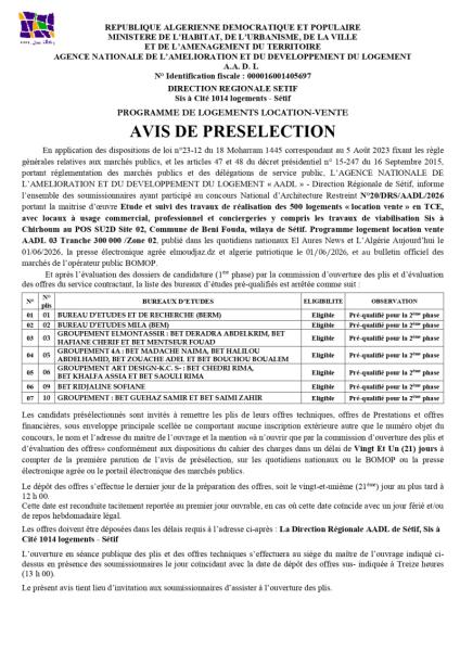 AVIS DE PRESELECTION