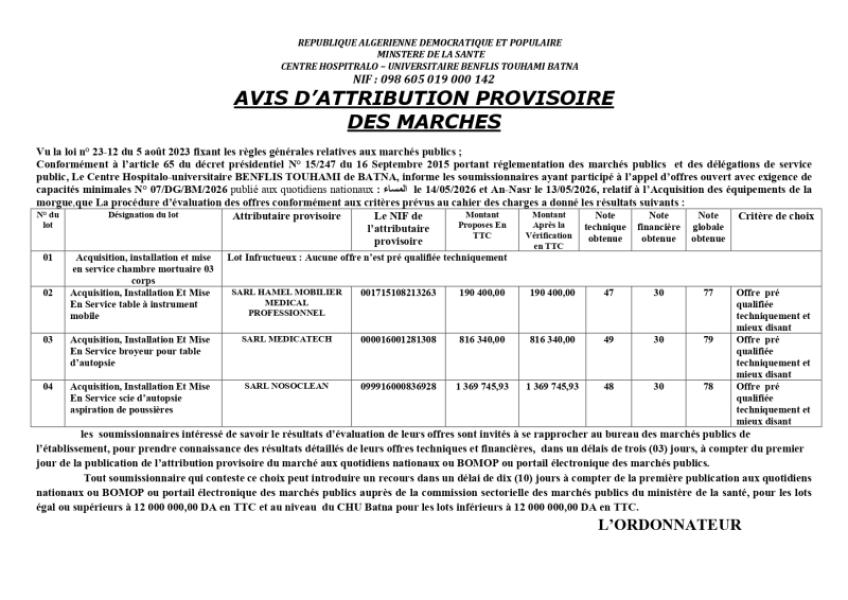 AVIS D'ATTRIBUTION PROVISOIRE DES MARCHES