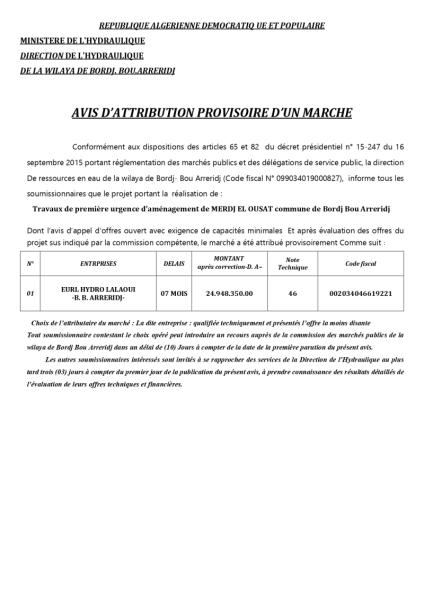 AVIS D'ATTRIBUTION PROVISOIRE D'UN MARCHE