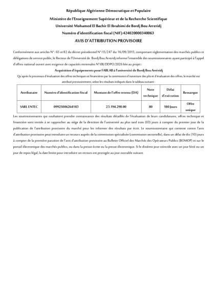 AVIS D'ATTRIBUTION PROVISOIRE