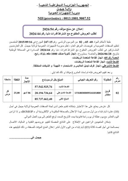 إعلان عن منح مؤقت رقم 2026/54